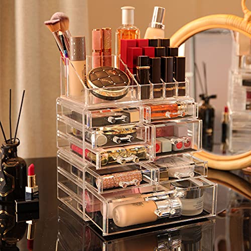 Cq acrylic Makeup Organizer Skin Care Large Clear Cosmetic Display Cases Stackable Storage Box With 8 Drawers For Vanity,Set of 3