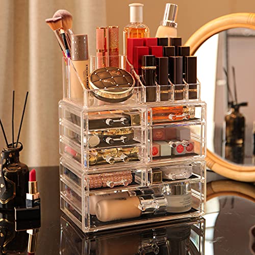 Cq acrylic Makeup Organizer Skin Care Large Clear Cosmetic Display Cases Stackable Storage Box With 8 Drawers For Vanity,Set of 3