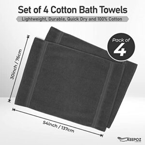 KEEPOZ 4 Piece Bath Towels Set, Premier Cotton 600GSM, (30x54 Inches) Extra Large, Lightweight, and Highly Absorbent Quick Drying Luxury Bath Towels Set for Bathroom, Gym, Spa and Hotel (Grey)