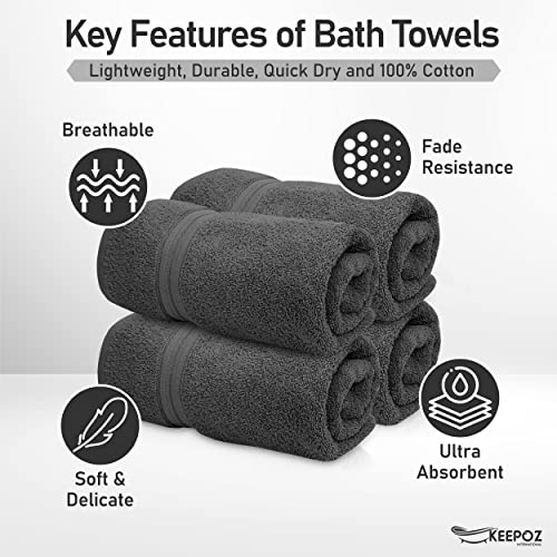 KEEPOZ 4 Piece Bath Towels Set, Premier Cotton 600GSM, (30x54 Inches) Extra Large, Lightweight, and Highly Absorbent Quick Drying Luxury Bath Towels Set for Bathroom, Gym, Spa and Hotel (Grey)