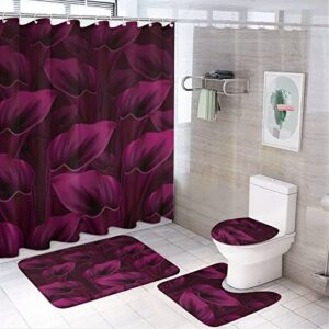kazynee burgundy flower 4 piece shower curtain sets, non-slip rugs, toilet lid cover and bath mat, durable and waterproof, for bathroom decor set one size