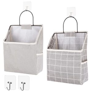 biefudan 2pcs white plaid fabric wall hanging storage with hook, hanging waterproof storage bags with side mesh pockets, stylish hanging storage pouches for bedroom, bathroom, kitchen (type 1)