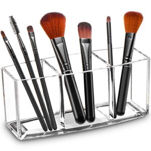 tasybox clear makeup brush holder organizer, 3 slot acrylic cosmetic brushes storage, eyeliners eyebrow pencil display case
