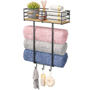 hoookimm towel racks for bathroom wall mounted, towel holder for small bathroom, roll towel rack with wooden shelf and 3 hooks, bath towel storage, bathroom organizer wall decor for rv, spa, salon