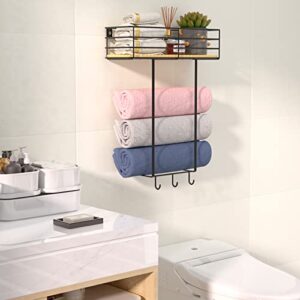 HOOOKIMM Towel Racks for Bathroom Wall Mounted, Towel Holder for Small Bathroom, Roll Towel Rack with Wooden Shelf and 3 Hooks, Bath Towel Storage, Bathroom Organizer Wall Decor for RV, Spa, Salon