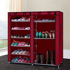 6 Tier Shoe Rack with Dustproof Cover, 27 Pairs Portable Vertical Double Row Shoe Rack Storage Organizer with Nonwoven Fabric Cover Cabinet for Closet & Entryway, Wine Red