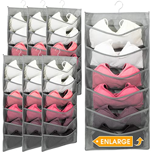 Tatuo 6 Pcs Enlarged Closet Hanging Bra Organizer with Mesh Pockets Dual Sided Wall Closet with Metal Hook Bra Underwear Socks Storage Shelf Wardrobe Space Saver, 6+18 Pockets (Gray, X-Large)