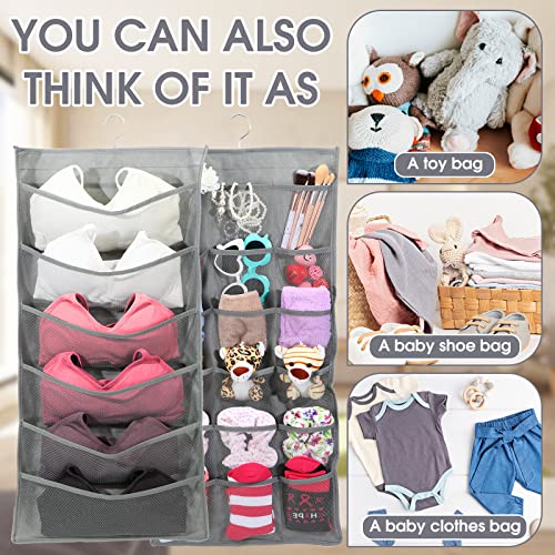 Tatuo 6 Pcs Enlarged Closet Hanging Bra Organizer with Mesh Pockets Dual Sided Wall Closet with Metal Hook Bra Underwear Socks Storage Shelf Wardrobe Space Saver, 6+18 Pockets (Gray, X-Large)