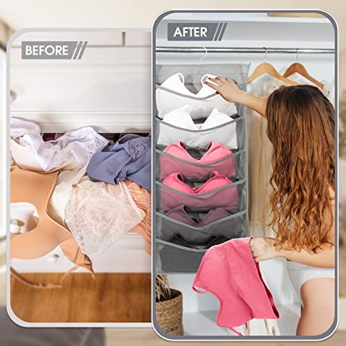 Tatuo 6 Pcs Enlarged Closet Hanging Bra Organizer with Mesh Pockets Dual Sided Wall Closet with Metal Hook Bra Underwear Socks Storage Shelf Wardrobe Space Saver, 6+18 Pockets (Gray, X-Large)