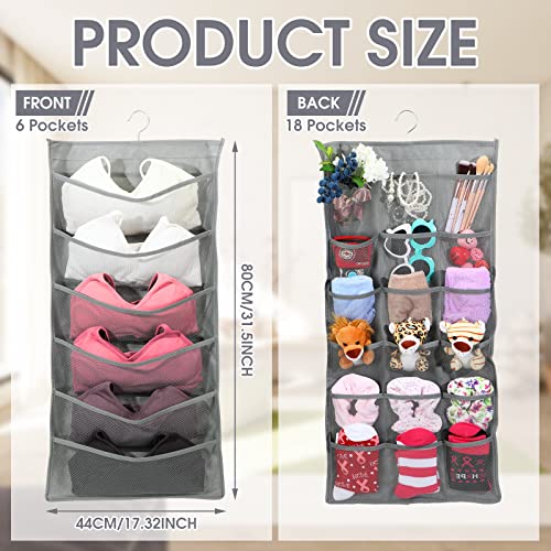 Tatuo 6 Pcs Enlarged Closet Hanging Bra Organizer with Mesh Pockets Dual Sided Wall Closet with Metal Hook Bra Underwear Socks Storage Shelf Wardrobe Space Saver, 6+18 Pockets (Gray, X-Large)