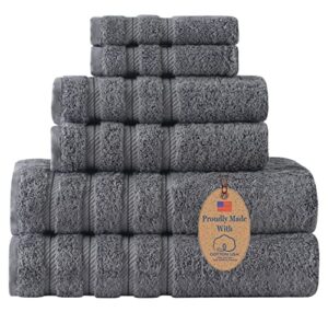 classic turkish towels american soft cotton 6 piece towel set - premium quality 2 bath towels, 2 hand towels, 2 washcloths 100% cotton usa (grey)