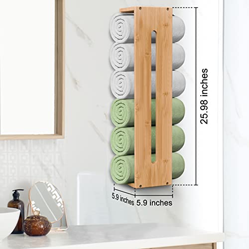 Purbambo Rolled Towel Rack Wall Mounted, Bathroom Bamboo Towel Holder Shelf, Rolled Bath Towels Storage Organizer