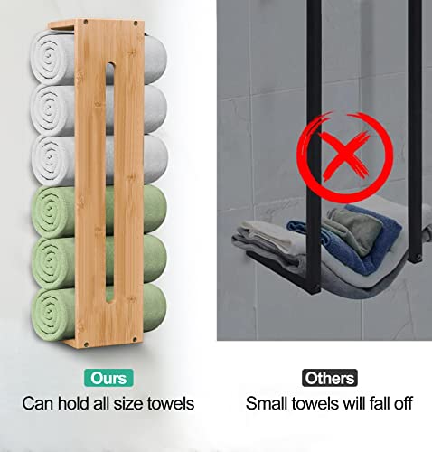 Purbambo Rolled Towel Rack Wall Mounted, Bathroom Bamboo Towel Holder Shelf, Rolled Bath Towels Storage Organizer