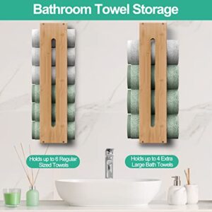 Purbambo Rolled Towel Rack Wall Mounted, Bathroom Bamboo Towel Holder Shelf, Rolled Bath Towels Storage Organizer