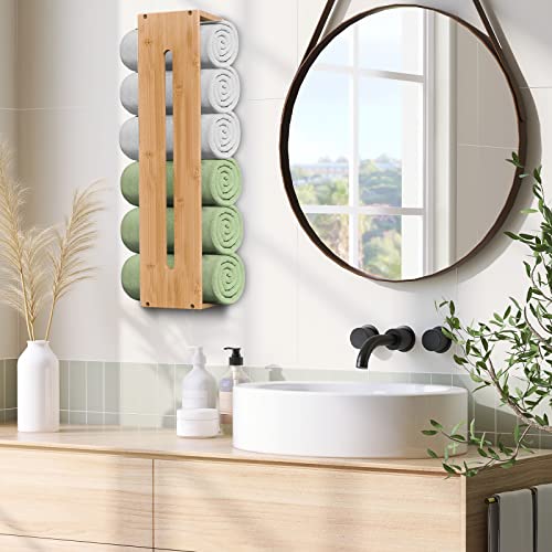 Purbambo Rolled Towel Rack Wall Mounted, Bathroom Bamboo Towel Holder Shelf, Rolled Bath Towels Storage Organizer