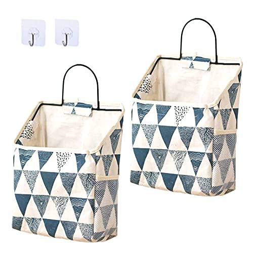 2Pack Wall Hanging Storage Bag - Gray and White, Over The Door Closet Organizer Hanging Pocket Linen Cotton Organizer Box Containers for Bedroom, Bathroom Dormitory Storage (BlueTriangle)