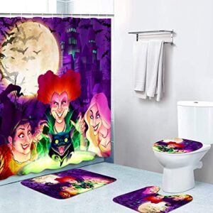 4pcs cartoons anime shower curtain sets, halloween horror shower curtain set, halloween bathroom set with rugs(bath mat,u shape and toilet lid cover mat) (c1)