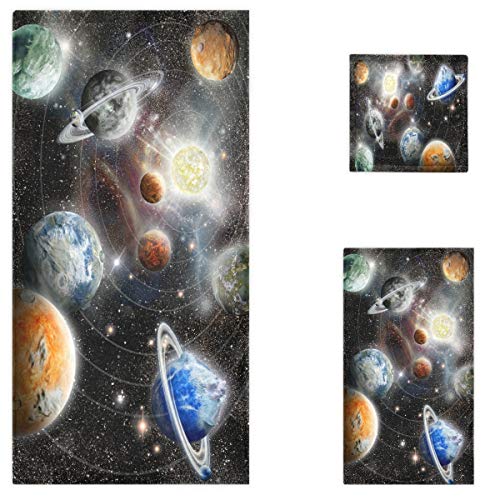 Naanle Space Planet Star System Print Soft Luxury Decorative Set of 3 Towels, 1 Bath Towel+1 Hand Towel+1 Washcloth, Multipurpose for Bathroom, Hotel, Gym, Spa and Kitchen