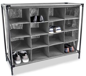 sunbeam 4 tier 16 pair shoe rack cubby shelf organizer non woven polyester fabric portable and durable gray
