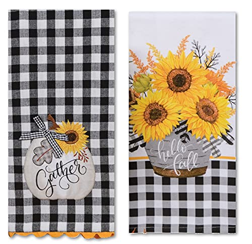 Harvest Sunflower Charm Farmhouse Kitchen Towel Gingham Checks Set of 2 by Kay Dee Designs