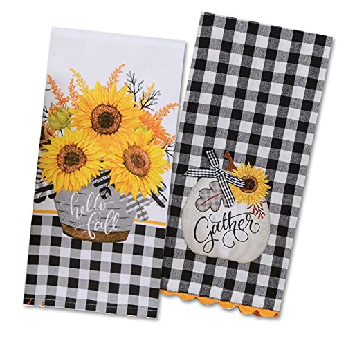 Harvest Sunflower Charm Farmhouse Kitchen Towel Gingham Checks Set of 2 by Kay Dee Designs