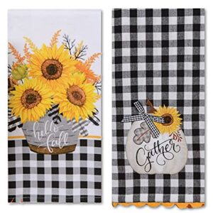 Harvest Sunflower Charm Farmhouse Kitchen Towel Gingham Checks Set of 2 by Kay Dee Designs