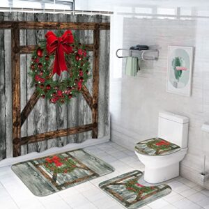 likiyol 4 pcs christmas wooden door shower curtain sets with non-slip rugs, toilet lid cover, bath mat and 12 hooks, christmas bow knot with pine cone shower curtain christmas bathroom set