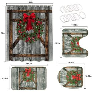 Likiyol 4 Pcs Christmas Wooden Door Shower Curtain Sets with Non-Slip Rugs, Toilet Lid Cover, Bath Mat and 12 Hooks, Christmas Bow Knot with Pine Cone Shower Curtain Christmas Bathroom Set