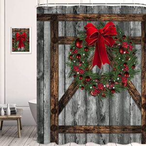 Likiyol 4 Pcs Christmas Wooden Door Shower Curtain Sets with Non-Slip Rugs, Toilet Lid Cover, Bath Mat and 12 Hooks, Christmas Bow Knot with Pine Cone Shower Curtain Christmas Bathroom Set