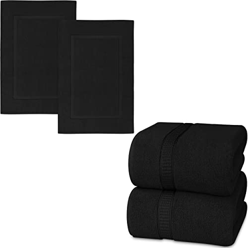 Utopia Towels Bundle Pack of 600 GSM Bath Sheet Set (2-Pack) and Banded Bath Mats (2-Pack) – 100% Ring-Spun Cotton – Highly Absorbent – Soft & Luxurious – Black