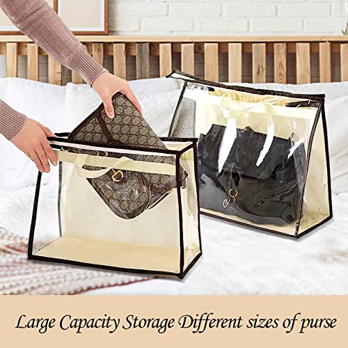 Handbag Storage Organizer 2 Pack Dust Cover Bag Transparent Anti-dust Storage Purse Organizer for Closet and Wall Shelf, with Zipper and Handle Space-saving Storage Handbag Organizer (Beige)