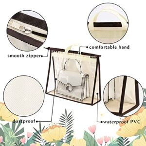 Handbag Storage Organizer 2 Pack Dust Cover Bag Transparent Anti-dust Storage Purse Organizer for Closet and Wall Shelf, with Zipper and Handle Space-saving Storage Handbag Organizer (Beige)