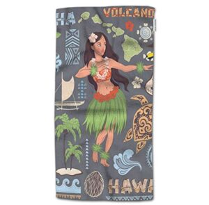 hgod designs bath towel hawaii,vintage set of hawaiian icons and symbols girl guitar volcanic bath towel throw blanket beach towel 64" lx32 w
