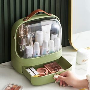 MIUOPUR Large Makeup Organizer with Brush Holder, Cosmetic Display Case with Drawer, Waterproof and Dustproof Transparent Cover, Portable Handle, Suitable for Bathroom and Bedroom -Green