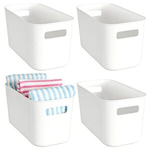 yopay 4 pack plastic storage bin with handle, white bathroom kitchen organizer bin for organizing hand soaps, body wash, shampoos, lotion, conditioners, hand towels, cosmetic, snacks, seasoning