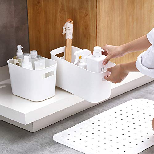 Yopay 4 Pack Plastic Storage Bin with Handle, White Bathroom Kitchen Organizer Bin for Organizing Hand Soaps, Body Wash, Shampoos, Lotion, Conditioners, Hand Towels, Cosmetic, Snacks, Seasoning