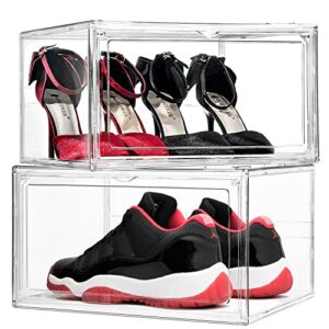 shoe storage box closet organizers - 2 pcs clear plastic stackable shoe organizer for closet, ventilation and dust-proof x-large shoe sneaker display case fit up to size 14