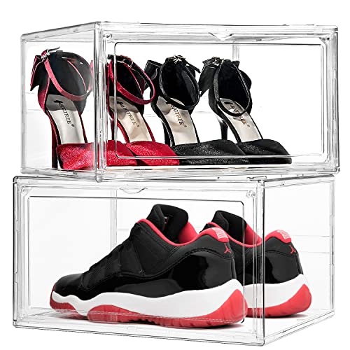 Shoe Storage Box closet organizers - 2 PCS Clear Plastic Stackable Shoe Organizer for Closet, Ventilation and Dust-proof X-Large Shoe Sneaker display case Fit up to Size 14