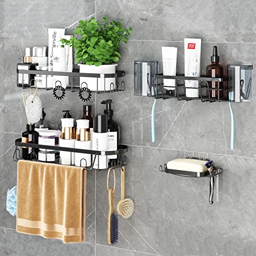 ANTOPY Shower Caddy Shelf Rack with Soap Dish Toothbrush Holder, Shower Organizer Rustproof Stainless Steel Shower Shelves Basket No Drilling Traceless Adhesive Wall Mount for Bathroom Kitchen 4 Pack