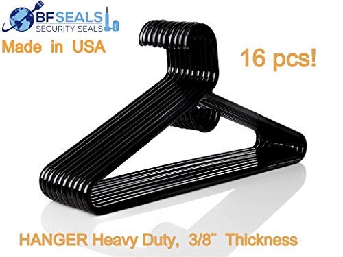 Plastic Hangers HD Heavy Duty, 16 Pcs. Black Color, Made in USA, 3/8” Thickness, Durable, Tubular, Lightweight, for Clothes, Coat, Pants, Shirts, Dress and More, TINEFF, Free and Quick delivery.