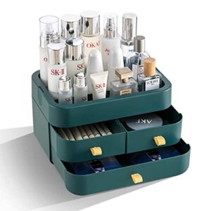 makeup organzier with drawers for vanity, cosmetic organizer countertop, cosmetic display cases, desk organizer with 3 drawer for skincare organizer and storage, make up storage organizer, green