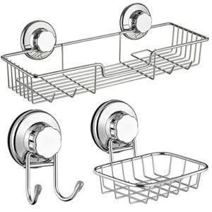 sanno vacumn suction cups shower caddy soap dish double bath hook-bath organizer kitchen storage basket for shampoo, conditioner, soap- anti rust stainless steel (set of 3)