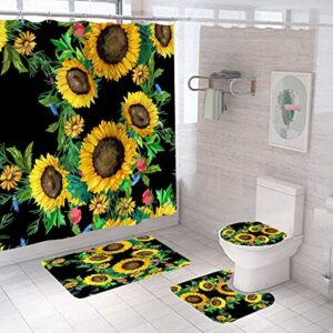doats sunflower shower curtain sets with rugs 4 pcs vintage yellow floral bathroom decor set, waterproof shower curtain non-slip rugs toilet rugs bath mats, with 12 hooks (12,47.2x70.8in)