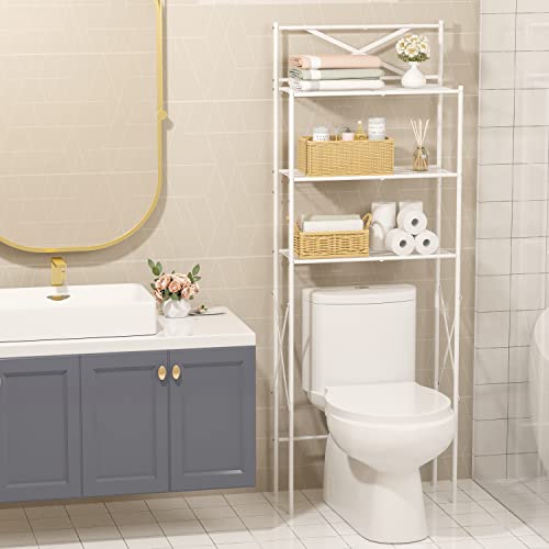 Tajsoon 3-Tier Over The Toilet Storage, Multifunctional Bathroom Organizer Over Toilet, Space Saver Bathroom Shelf Over Toilet, Stable Freestanding Toilet Rack with X Shape Fixed Frame, Metal, White