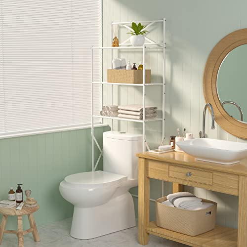 Tajsoon 3-Tier Over The Toilet Storage, Multifunctional Bathroom Organizer Over Toilet, Space Saver Bathroom Shelf Over Toilet, Stable Freestanding Toilet Rack with X Shape Fixed Frame, Metal, White