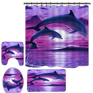 gudaguu 4 piece dolphin shower curtain for bathroom sets,dolphines jump on the ocean bathtub decor with bath rugs,u shape mat toilet seat cover and hooks , 71 inch size long shower curtains (purple)