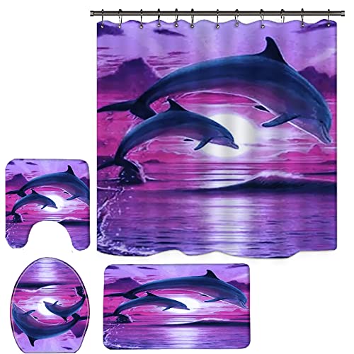 GUDAGUU 4 Piece Dolphin Shower Curtain for Bathroom Sets,Dolphines Jump on The Ocean Bathtub Decor with Bath Rugs,U Shape Mat Toilet Seat Cover and Hooks , 71 Inch Size Long Shower Curtains (Purple)