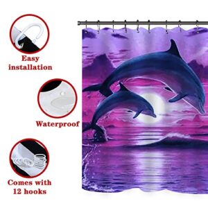 GUDAGUU 4 Piece Dolphin Shower Curtain for Bathroom Sets,Dolphines Jump on The Ocean Bathtub Decor with Bath Rugs,U Shape Mat Toilet Seat Cover and Hooks , 71 Inch Size Long Shower Curtains (Purple)