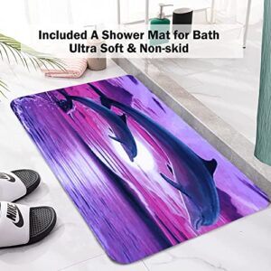 GUDAGUU 4 Piece Dolphin Shower Curtain for Bathroom Sets,Dolphines Jump on The Ocean Bathtub Decor with Bath Rugs,U Shape Mat Toilet Seat Cover and Hooks , 71 Inch Size Long Shower Curtains (Purple)