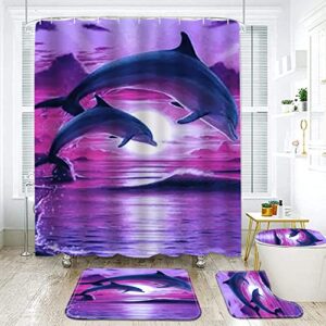 GUDAGUU 4 Piece Dolphin Shower Curtain for Bathroom Sets,Dolphines Jump on The Ocean Bathtub Decor with Bath Rugs,U Shape Mat Toilet Seat Cover and Hooks , 71 Inch Size Long Shower Curtains (Purple)